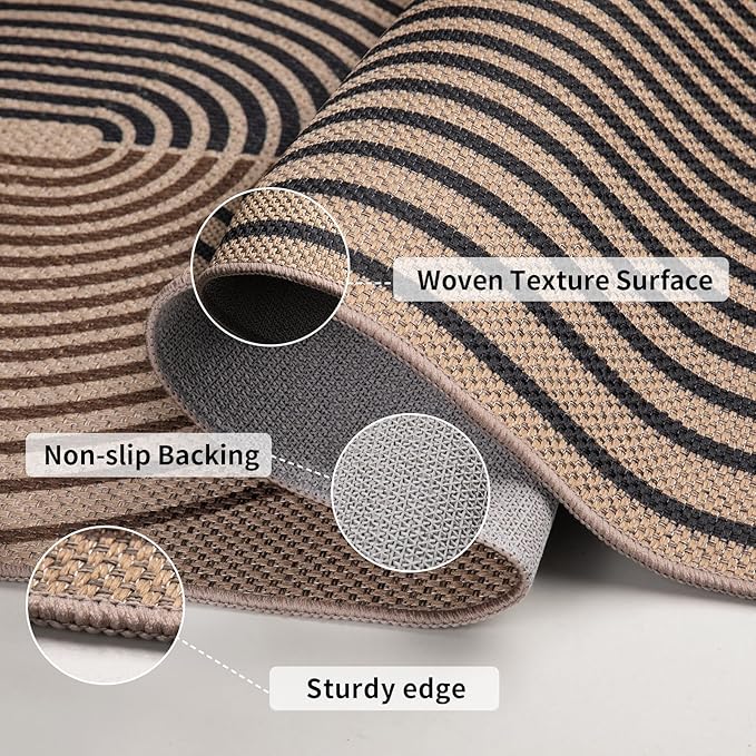 Tangsoo Rainbow Easy Jute Rug 6x9 Washable Area Rugs for Living Room,Black Non Slip Indoor Outdoor Carpet,Farmhouse Modern Office Mat for Backyard Dining Room Patio Bedromm