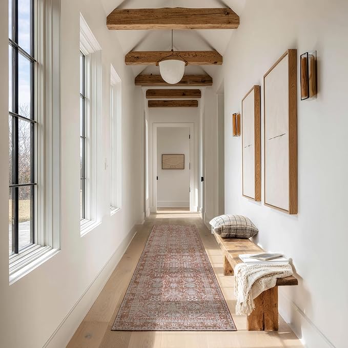 Kuden 2'6"x12 Runner Rug, Machine Washable Area Rug with Non-Slip Backing, Vintage Style, Soft, Easy Clean, Low Pile Rug for Hallway, Entryway, Kitchen, Bedroom