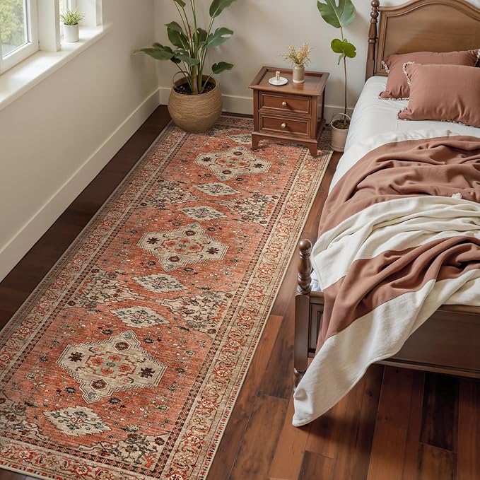 Tangsoo Boho Hallway Runner Rug 2.6x10 Washable Runner Rug for Hallways, Non Slip Vintage Soft Low Pile Long Rug Runner, Oriental Terracotta Carpet Runners for Kitchen Bedroom Entryway Living Room