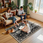 Area Rugs 4'x6' Washable Non-Slip, Floral Vintage Distress Print Pattern Medallion Carpet for Living Room Bedroom Dining Room, Black Brown Neutral Dark Tan
