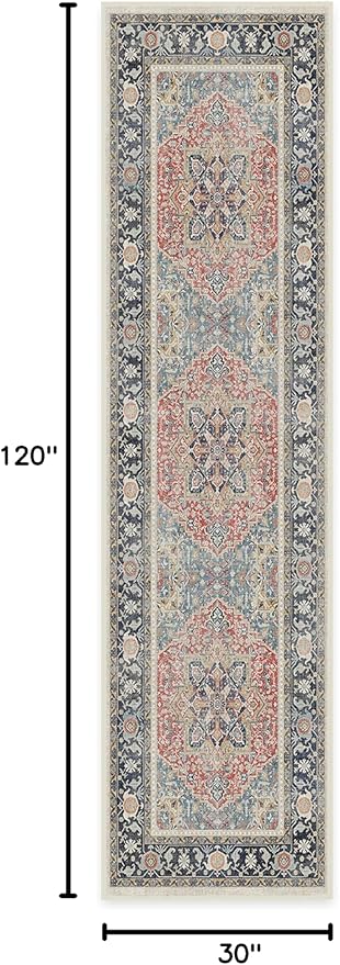 RUGGABLE Washable Vintage Runner Rug – Kamran Cayenne Red 2.5x10, Stain-Resistant, Non-Slip Hallway Runner – Machine Washable Rug for Hallway, Entryway, Living Room & Kitchen–with Cushioned Pad