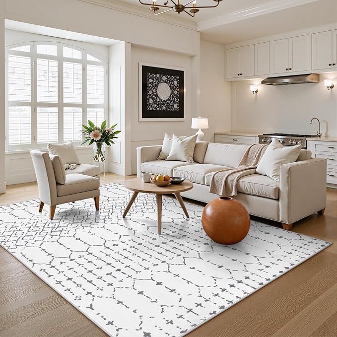 Lahome Moroccan 8x10 Rugs for Living Room - Non-Slip Washable Ultra-Thin Large Rug for Dining, Modern Geometric Print Indoor Soft Carpet for Bedroom Office, White