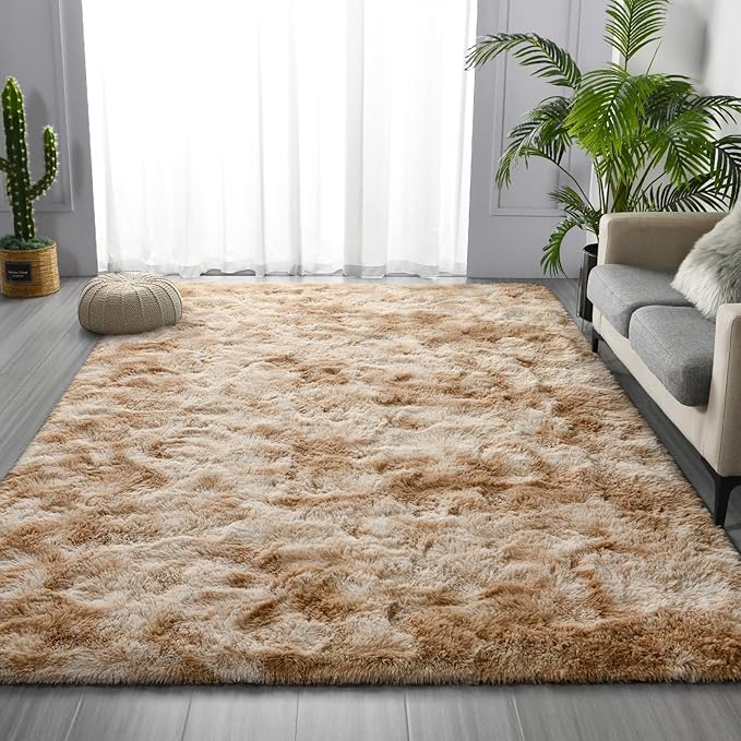 Large Shag Area Rugs 5 x 8, Tie-Dyed Plush Fuzzy Rugs for Living Room, Ultra Soft Fluffy Furry Rug for Bedroom, Indoor Carpet Nursery Rugs for Kids Room Home Decor, Beige