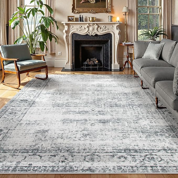 Lahome Vintage 9x12 Washable Grey Rugs for Living Room Bedroom, Boho Dining Room Rugs for Under Table, Soft Non Slip Indoor Throw Carpet for Home Office Playroom (9x12ft,Grey)