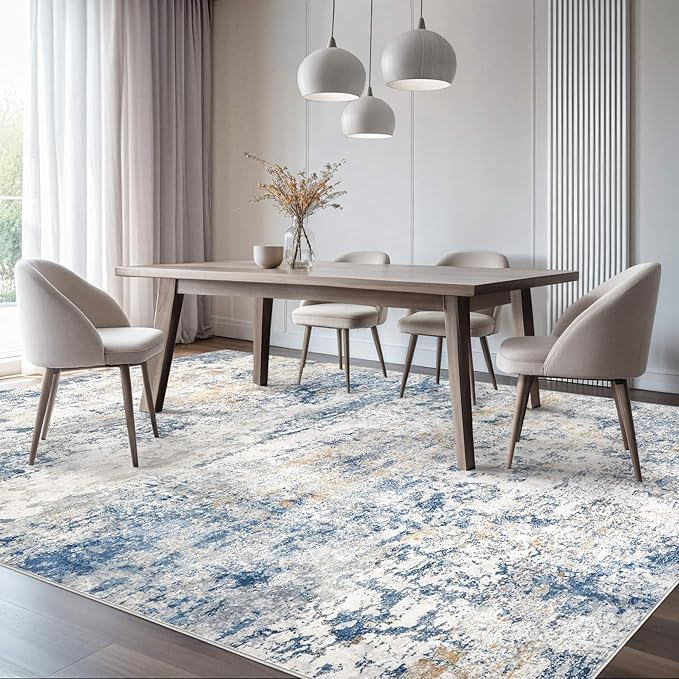 Area Rug Living Room Rugs - 6x9 Abstract Large Soft Indoor Washable Rug Neutral Modern Low Pile Carpet for Bedroom Dining Room Farmhouse Home Office - Blue