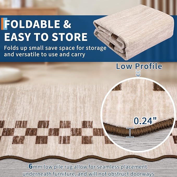 GarveeHome Area Rug 6x9 Large Living Room Modern Border Throw Rug with Rubber Backing Stain Resistant Dining Room Throw Carpet Washable Scalloped Rug for Bedroom Home Decor Office, Beige