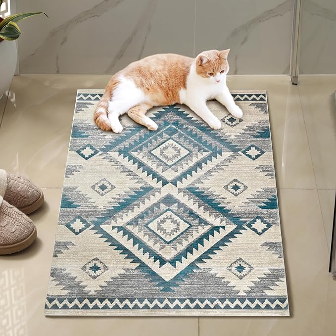 YHSF South West Native American Rug Ritz – Native Tribal American Indian Inspired Rug - Living Room, Bedroom, Hallway, Entryway & High-Traffic Area Rugs - Washable - Soft - Aqua, 2 Feet x 3 Feet
