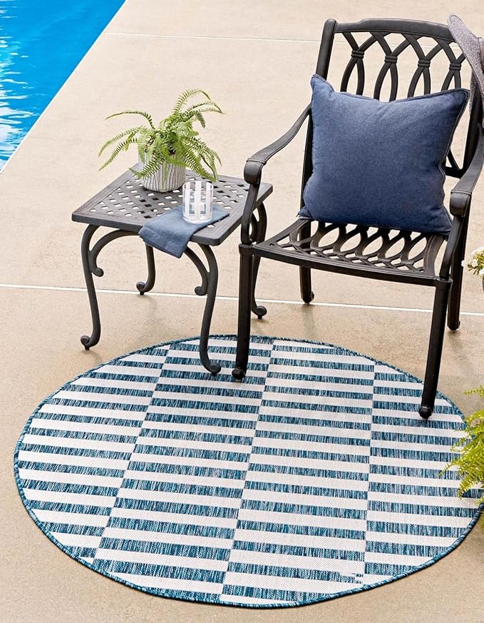 Unique Loom Outdoor Striped Collection Area Rug - Striped (7' 10" Round Blue/Ivory)