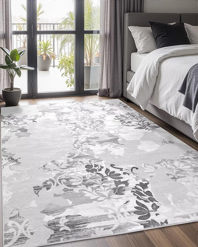 Washable Abstract Rug, 8x10 Classic Grey and White Floral Area Rugs with Non-Slip Rubber Backed for Living Room, Low Pile Modern Throw Carpet Bedroom Dining Room Decor
