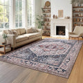 PURRUGS Vintage Farmhouse Boho Large Area Rug 8x10 ft, Non-Slip Machine Washable Rug, Accent Oriental Rug for Living Room, Dining Room, Bedroom, Entryway and Kitchen, Coral Red/Marine Blue