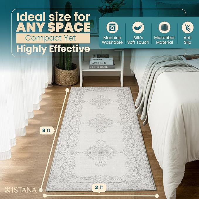 Istana Hallway Runner Rug 2x8 – Grey/White Cream Entryway Rug -Silk's Soft Touch Runners for Hallways - Stylish Kitchen Runner Rug Non Slip