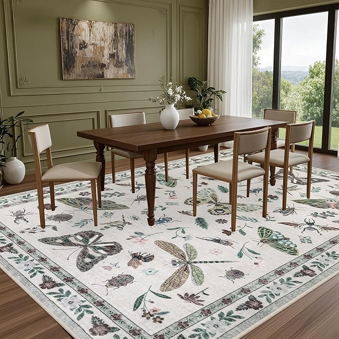 6x9 Area Rugs Living Room Rug: Vintage Washable Rug Floral Soft Carpet Indoor Floor Non-Slip Boho Stain Resistant Large Carpets for Bedroom Kids Nursery Dining Room Farmhouse Home Office Beige