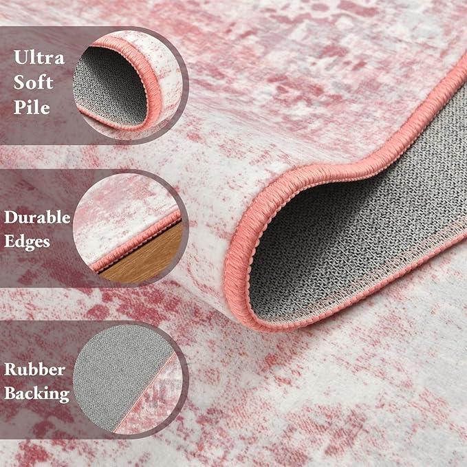 Washable Abstract Rug, 4x6 Modern Area Rugs with Non-Slip Rubber Backed for Living Room, Thin but Soft Contemporary Carpet Kitchen Bedroom Decor, Pink