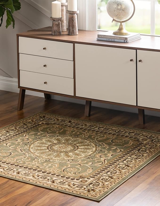 Unique Loom Versailles Collection Traditional Classic Medallion Floral Motif Area Rug (4' 0 x 4' 0 Square, Green/ Ivory)