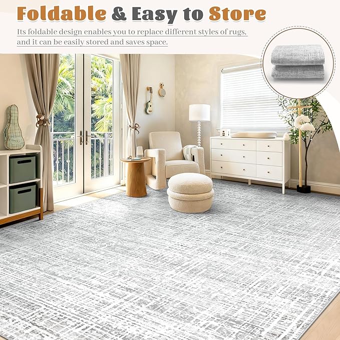 8x10 Area Rugs for Living Room, Washable Large Area Rug Neutral Modern Abstract Bedroom Rug Soft Non Slip Low Pile Stain Resistant Indoor Carpet for Nursery Kids Dining Room Office(Grey, 8'x10')