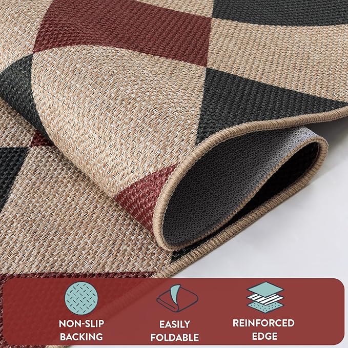 Lahome Checkered Rugs for Living Room, 8x10 Indoor Outdoor Rug Dining Room Office Carpet, Checkerboard Black and Red Washable Non Slip Floor Carpet for Patio Classroom Backyard