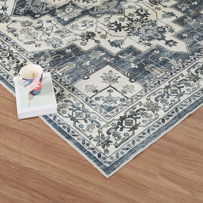 Dripex Vintage Washable Area Rug - 5x8 Distressed Rugs for Living Room Bedroom Oriental Medallion Floral Print Carpet Low-Pile Indoor Soft Non-Slip Accent Rug Farmhouse Office Home Decor
