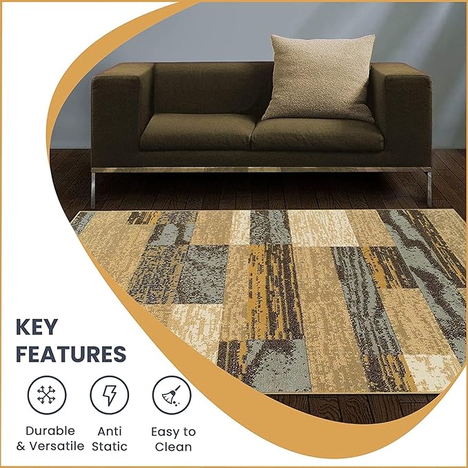 Superior Indoor Area Rug, Jute Backed, Modern Geometric Patchwork Floor Decor for Bedroom, Office, Living Room, Entryway, Hardwood Floors, Rockwood Collection, 3' x 5', Light Blue-Beige