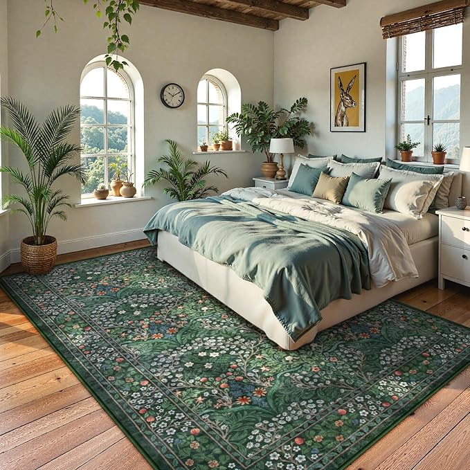 Lahome Floral Dark Green Area Rugs 8x10, Soft 8x10 Washable Rugs for Living Room Bedroom, Boho Non-Slip Forest Large Throw Carpet for Farmhouse Dining Room Office, Dark Green