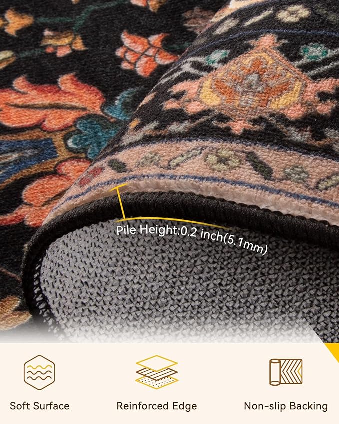 Area Rugs 2'x6' Washable Non-Slip, Floral Vintage Distress Print Pattern Medallion Carpet for Living Room Bedroom Dining Room, Black Colorful Floral Dark Tan