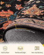 Area Rugs Square 6ft Washable Non-Slip, Floral Vintage Distress Print Pattern Medallion Carpet for Living Room Bedroom Dining Room, Black Colorful Floral Dark Tan