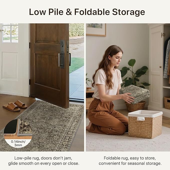 6x9 Area Rug Machine Washable Boho Rug for Living Room,Ultra-Thin Low Pile Carpet,Lightweight Indoor Printed Rug,Non Slip Floral Area Rug for Bedroom, Dining Room, Home Office,Vintage Sage Green