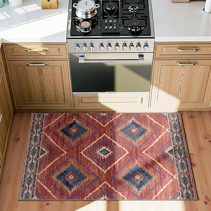 Area Rug 2x3 Rug Machine Washable Non-Slip Low Pile Print Pattern Western Rug for Living Room Bedroom Entryway Tribal Series -Red/Orange