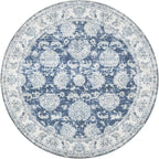 jinchan Fiora Round Rug 6ft Area Rug - Dark Blue Vintage Floor Mat Indoor Ultra-Thin Soft Floral Print - Washable Circle 6' Retro Accent for Farmhouse Non Slip Dining Room Living Room Bedroom Office