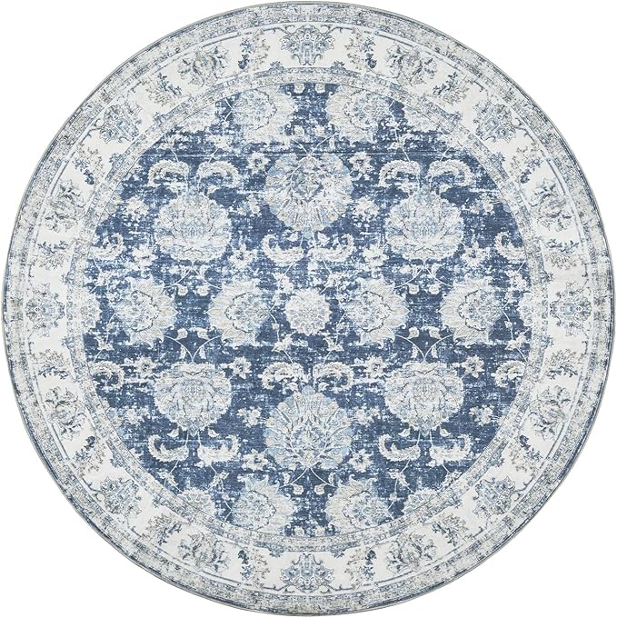jinchan Fiora Round Rug 5ft Area Rug - Indoor Vintage Hallway Circle 5' Washable - Ultra-Thin Low Pile Soft Small Non Slip Distressed Floral Print for Living Room Bedroom Entryway Dark Blue
