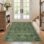 3x5 Washable Area Rug for Living Room Bedroom Dining Room Non-Slip Low Pile Boho Vintage Distressed Entryway Rug Traditional Floral Retro Accent Throw Carpet for Dining Room Bathroom Kitchen Green