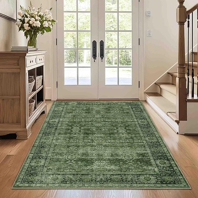 4x6 Washable Area Rug for Living Room Bedroom Dining Room Non-Slip Low Pile Boho Vintage Distressed Entryway Rug Traditional Floral Retro Accent Throw Carpet for Dining Room Bathroom Kitchen Green