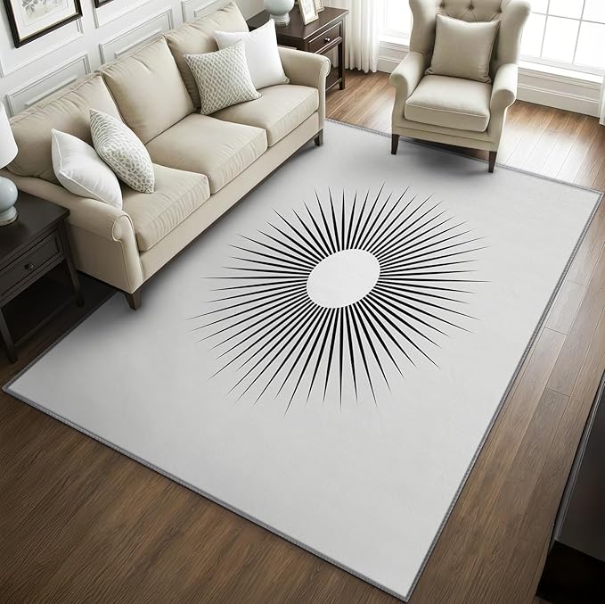 Mid Century Rugs for Living Room - 5x7 Area Rugs, Minimalist Sun Rug, Black and White Rug for Living Room, Modern Abstract Washable Bedroom Carpet, Optical Illusion Home Decor & Gifts