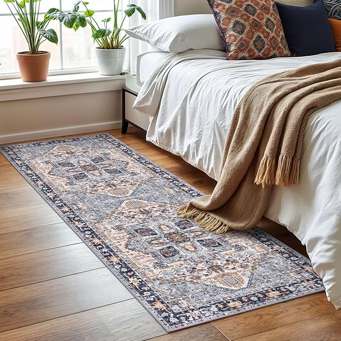KOZYFLY Runners for Hallways 2x6 Ft Washable Kitchen Runner Rug Boho Runner Rug for Entryway Indoor Printed Oriental Faux Wool Floor Carpet Runner for Bedroom Kitchen Hall, Blue Gray/Cream