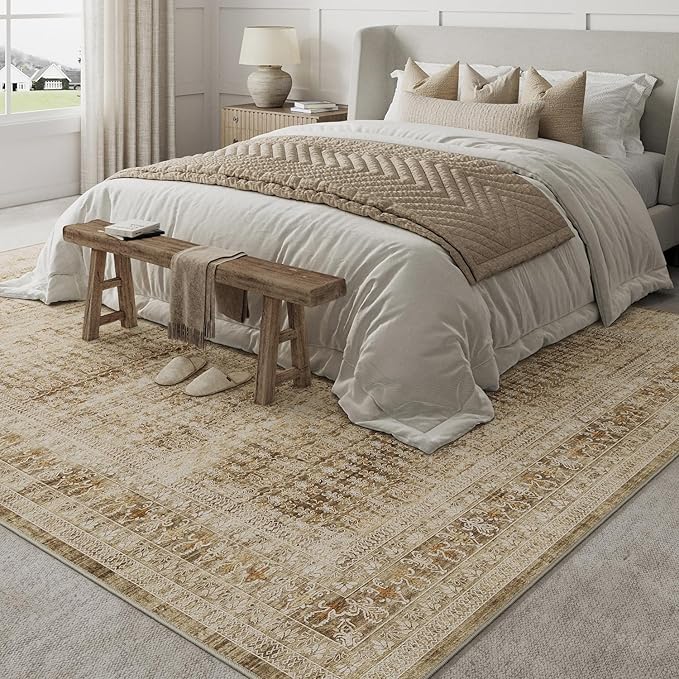 Brown 6x9 Area Rug for Living Room Washable Vintage Distressed Large Carpet Bedroom Low Pile Non Slip Indoor Soft Retro Throw Accent Rug Office Kitchen Bathroom Dining Room