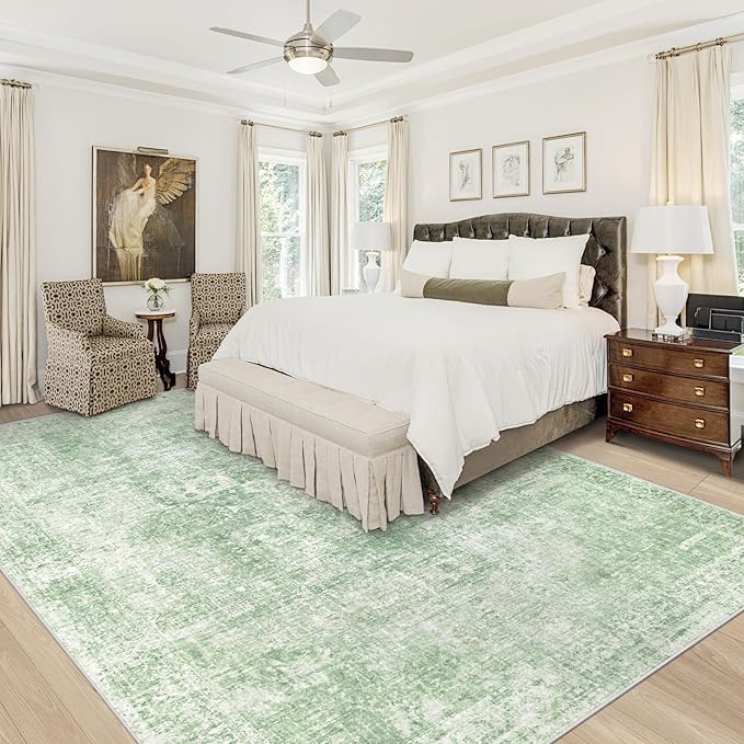 Area Rug 8x10 Washable Rug, Vintage Boho Medallion Rugs Non-Slip Soft Low Pile Large Distressed Rug Indoor Retro Carpet for Living Room Bedroom Dining Room Home Office (Sage Green, 8'x10')