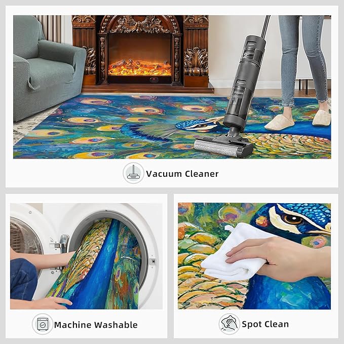 Peacock Rug Small - 3x5 Rug, Turquoise Teal Peafowl Washable Rugs for Living Room, Peafowl Decor Carpet, Modern Style Non-Slip Area Rugs for Bedroom, Aesthetics Carpet - Peafowl Home Decor & Gifts