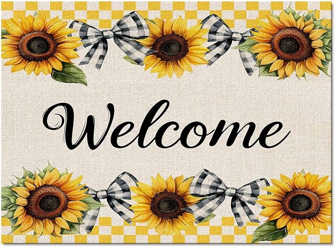 Summer Sunflowers Rectangular Welcome Area Rugs for Living Room Bedroom 5 x 6.9 ft Bow Tie Plaids Non-Shedding Soft Low Pile Rug Rustic Linen Non Slip Washable Rug for Nursery Entryway Playroom