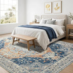 Large Area Rugs 8x10, Low Pile Washable Rugs, Soft Vintage Distressed Rugs for Living Room Bedroom, Office, Dining Room, Water Repellent & Non Shedding, Blue and Orange