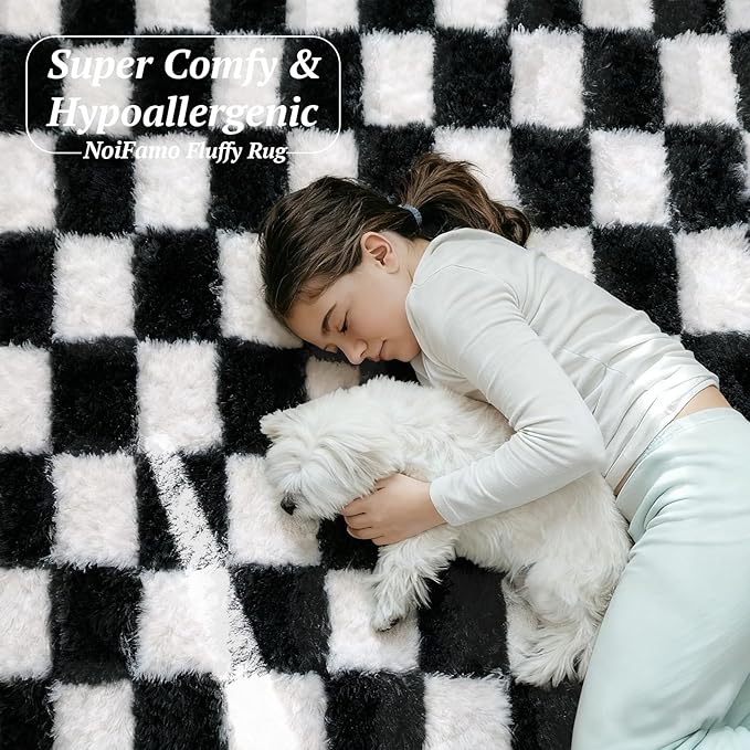 8x10 Area Rugs for Living Room Bedroom, Soft Fluffy Shaggy Bedside Rug, Indoor Floor Carpet for Kids Playroom, Dorms, Nursery Rooms, Home Decor (Black & White 8'x10')