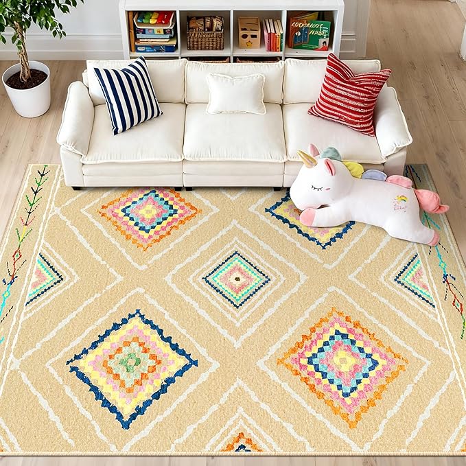 Area Rug 6x9 Rug Machine Washable Non-Slip Low Pile Print Pattern Western Rug for Living Room Bedroom Entryway Tribal Series -Cream/Beige