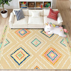Area Rug 8x10 Rug Machine Washable Non-Slip Low Pile Print Pattern Western Rug for Living Room Bedroom Entryway Tribal Series -Cream/Beige