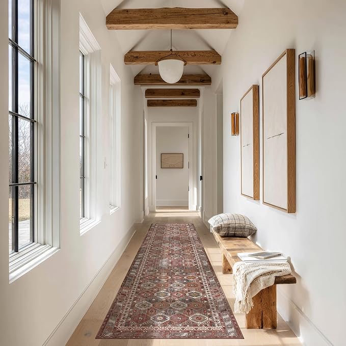 Kuden 2'6"x10 Runner Rug, Machine Washable Area Rug with Non-Slip Backing, Vintage Style, Soft, Easy Clean, Low Pile Rug for Hallway, Entryway, Kitchen, Bedroom