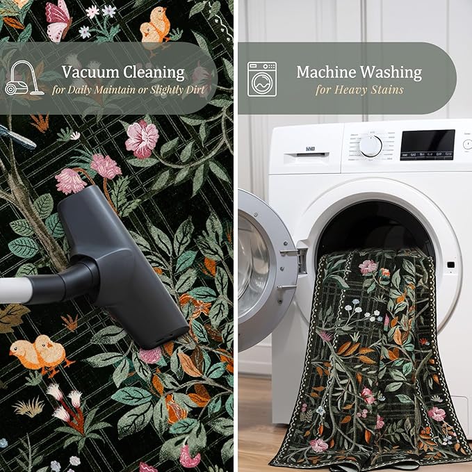 Morebes Floral Washable Rug Runners for Hallways Non Slip, Flower Kitchen Runner Rug 2x6, Boho Botanical Ultra-Thin Soft Floor Carpet for Bathroom Entryway Laundry Room, Black