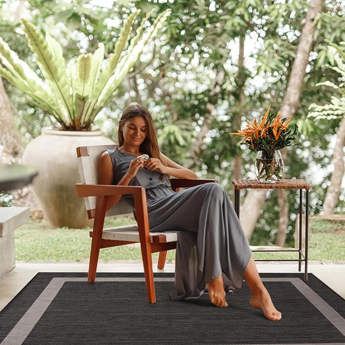 CAMILSON Outdoor Rug 5x7,Modern Outside Rugs for Patios Porches Waterproof Durable Washable Non-Shedding, Easy-to-Clean Indoor Outdoor Area Carpet (5 x 7, Bordered - Dark Gray/Light Gray)