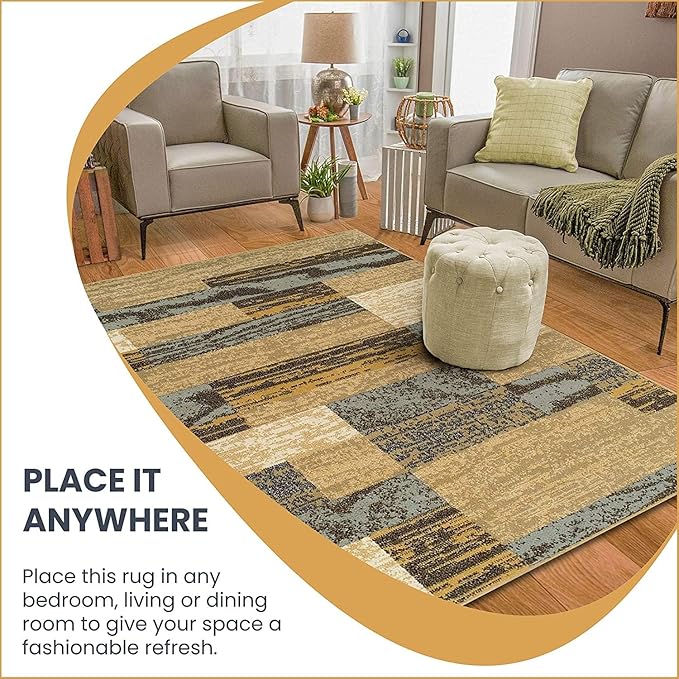 SUPERIOR Indoor Runner Rug, Jute Backed, Modern Geometric Patchwork Floor Decor for Bedroom, Office, Living Room, Entryway, Hardwood Floors, Rockwood Collection, 2' 7" x 10', Light Blue-Beige