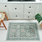 WITSHOCK Washable 2x3 Entryway Area Rug: Soft Non-Slip Backing Washable Rugs Vintage Flower Boho Accent Small Rugs for Bedroom, Kitchen, Bathroom, Nursery Entrance,Teal Blue