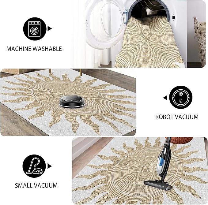 Boho Washable Rugs for Bedroom 5x8, Modern Sun Print Soft Minimalism Area Rug, Non Slip Low Pile Abstract Carpet for Classroom Living Room Decor Dining Room Sofa Kids Nursery Room, Beige Yellow