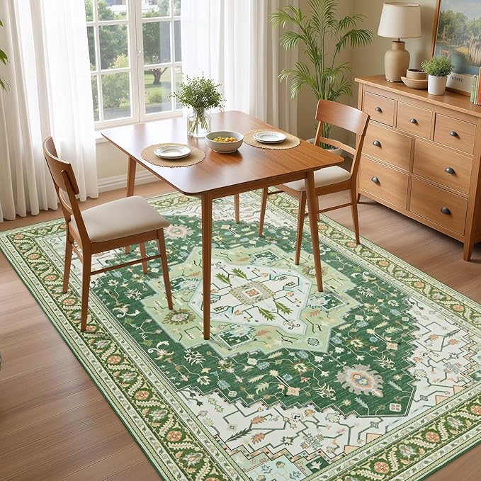3x5 Green White Area Rug for Living Room, Machine Washable Rugs with Non-Slip Backing for Bedroom, Vintage Medallion Carpet Kitchen Laundry Kids Room Decor