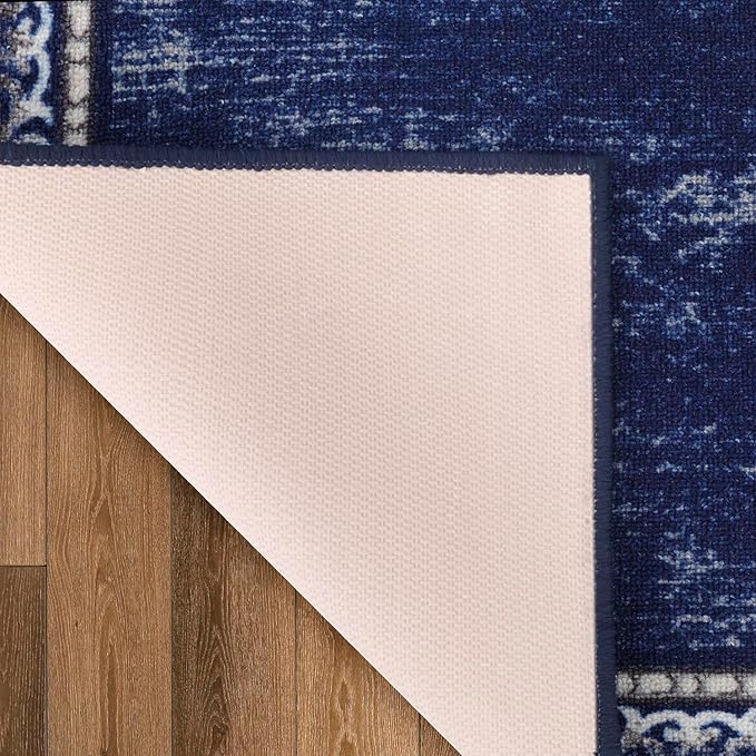 Antep Rugs Alfombras Bordered Modern 2x5 Non-Slip (Non-Skid) Low Pile Rubber Backing Kitchen Area Runner Rug (Navy, 2' x 5')