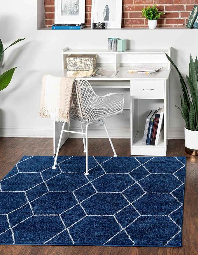 Unique Loom Trellis Frieze Collection Area Rug - Geometric (4' Square, Navy Blue/ Ivory)